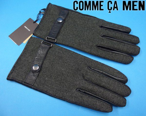 新品1万★コムサメン 羊革レザー×ツイード 手袋グローブ★黒灰