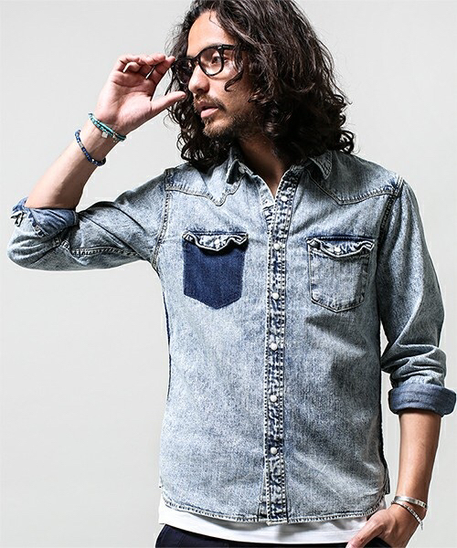 Nano universe サックスL 完売色 ハンドリメイクデニムシャツ