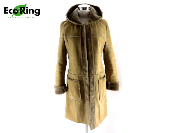 1円 フェラーラ ムートン フード付 毛皮コート sizeS 茶 EE262