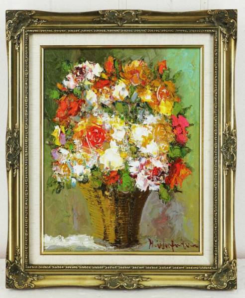 額装 油彩画 真作」渡部ひでき「薔薇」静物画 サイン有り F6号 楽天