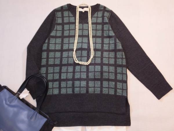■自由区大きいサイズ44グリーンチェックパネルチュニックニット
