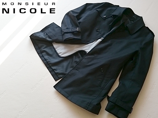 超美品☆MONSIEUR NICOLE [ニコル]　ステンカラーコート 黒 48
