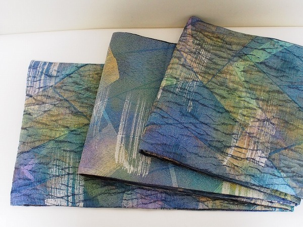 和装帯　喜八郎　ブルーグリーン・金糸　仕立て上がり　袋帯　