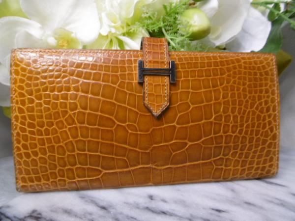 中古エルメスHERMESベアン長財布クロコサフラン黄土色I刻S金具
