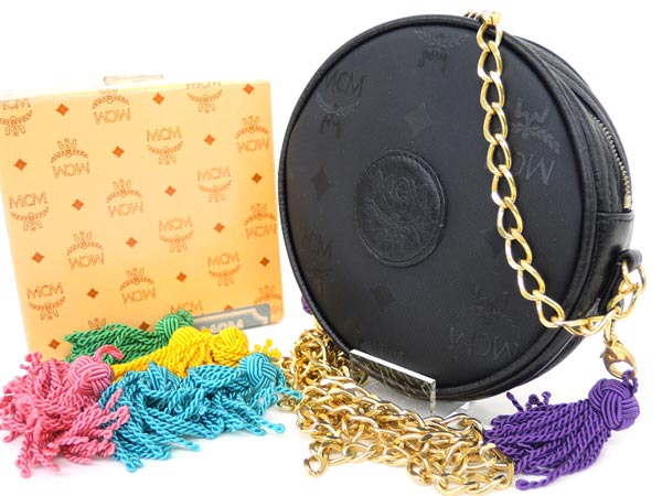免税 通販 【1円】MCM タッセル付チェーンミニバッグ レザー×PVC 黒