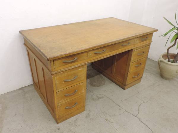 アンティークナラ無垢材両袖机/古道具作業台ケビントデスク