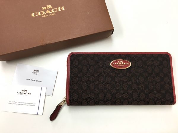 コーチ 長財布 ラウンドジップ 52572 シグネチャー 赤 茶○fah