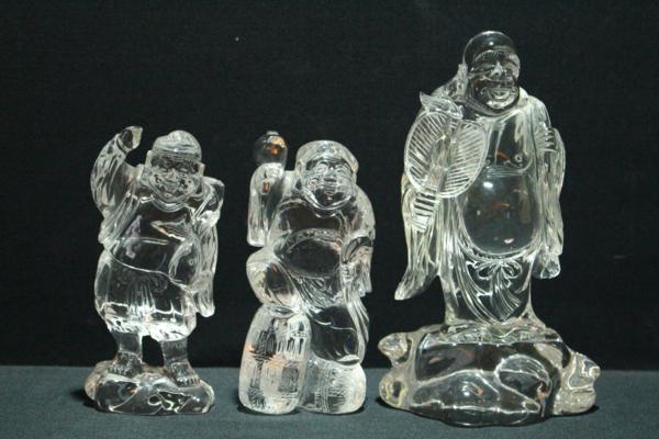 K01004 水晶 大黒天 恵比寿天 布袋尊 彫刻 置物 七福神 箱付
