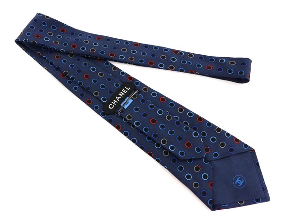 1円 良品 シャネル CHANEL チェーン 水玉ドット柄 ネクタイ 紺