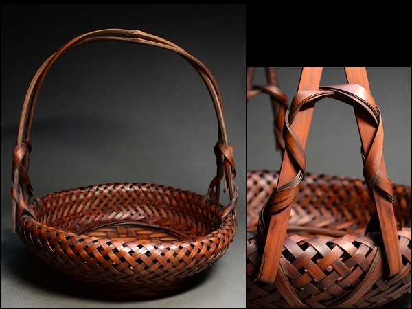 蔵出/明治期華道旧家初荷/竹籠師匠作/老竹/媒竹/極上編手提花籠