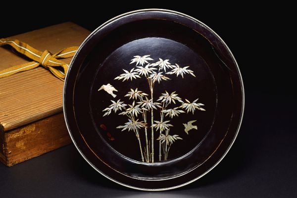 【在款螺鈿竹鳥文錫縁盆/箱付】 中國古玩漆芸唐物千里螺鈿