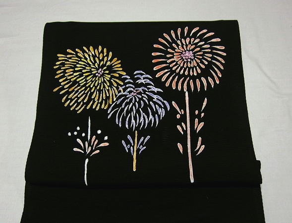 夏物【打ち上げ花火】五泉絽正絹◇手描き京友禅染め名古屋帯地 【公式