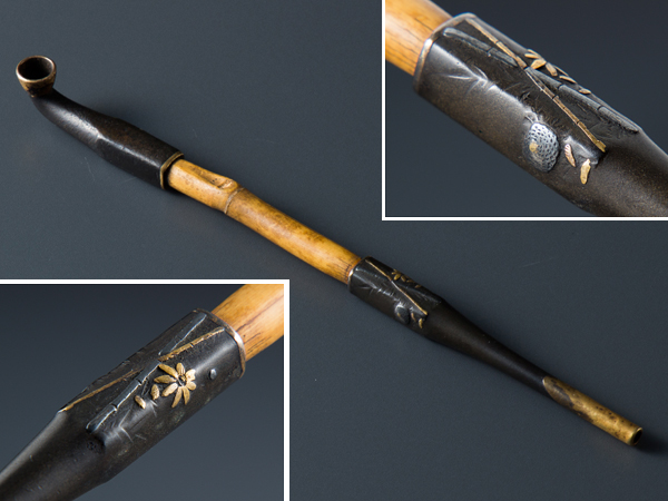 【五】時代金工金色絵竹菊蝶文煙管キセル
