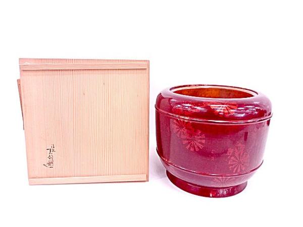 00539# 釜師鈴木表朔造 長寛写溜塗箔絵火鉢