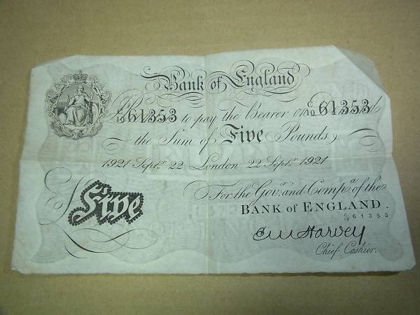 激レア　英国　５ポンド紙幣　１９２１年　古い
