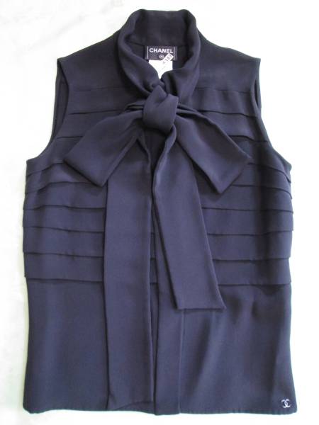 シャネル ノースリーブ シルク ブラウス ブラック リボン付 34