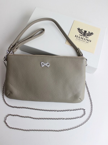 美品 HAMANO 濱野皮革工藝 リボンクラッチポシェット*バッグ鞄