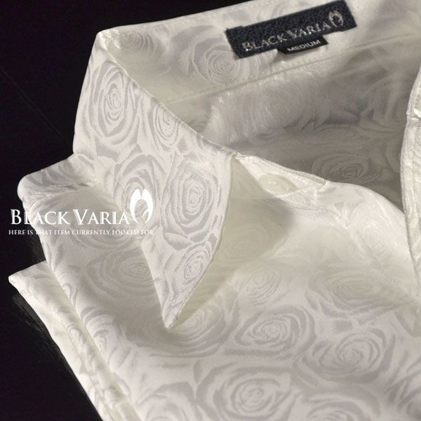 6#925880-wh 薔薇バラ花柄サテン総柄長袖ドレスシャツMメンズ白