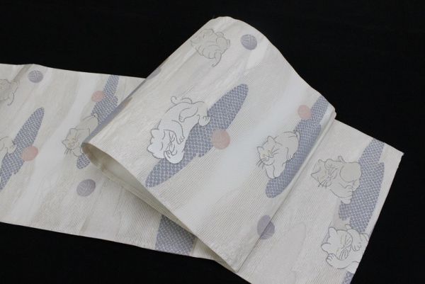 【針子】珍品★夏の猫ネコ猫の六通袋帯◆猫好き必見◇正絹絽帯