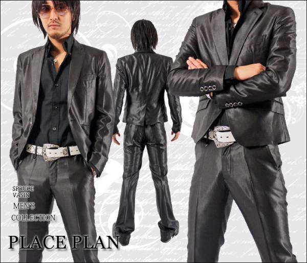 【Place plan】ショート丈光沢地シャンブレースーツ黒新品L