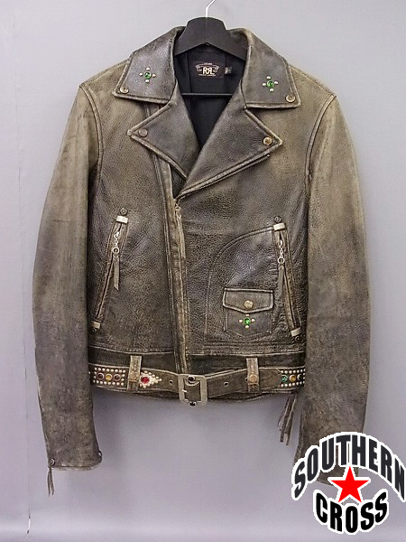 ダブルアールエル スタッズ付きレザーライダースジャケット S