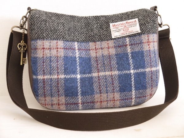 ハンドメイド☆ハリスツイード*Gray+BlueCheck*2Wayショルダー中