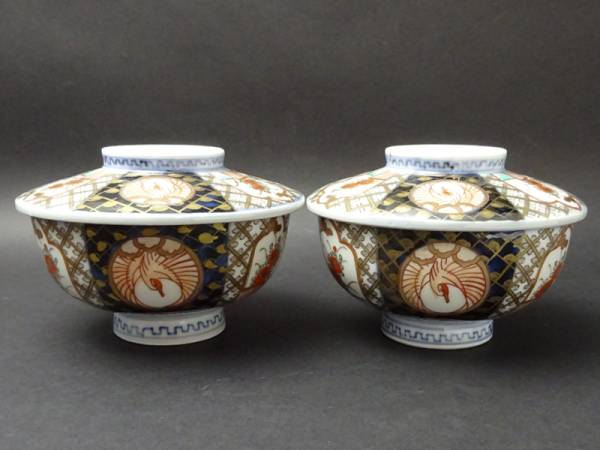【開】江戸期古伊万里錦手 窓絵鶴花文蒸茶碗一対35ｎ　
