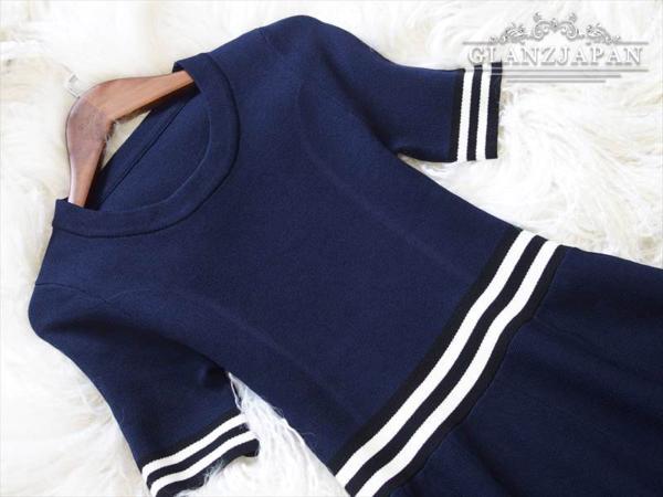 JP09*秋服*9号*紺*ストライプポイント*細見え*ニットワンピース