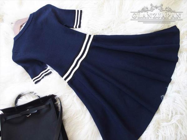 JP09*秋服*9号*紺*ストライプポイント*細見え*ニットワンピース