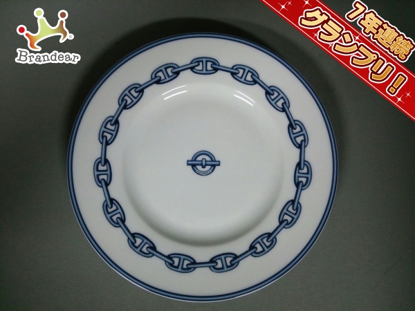 エルメス プレート 新品同様 シェーヌダンクル 白×ブルー 陶器