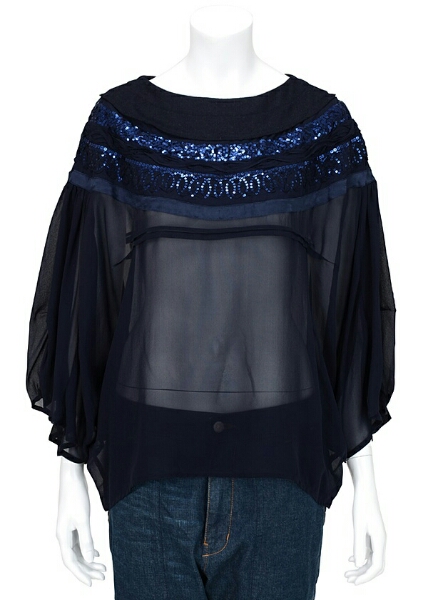 新品☆ズッカ☆スパンコールシフォンブラウス☆紺☆37800円