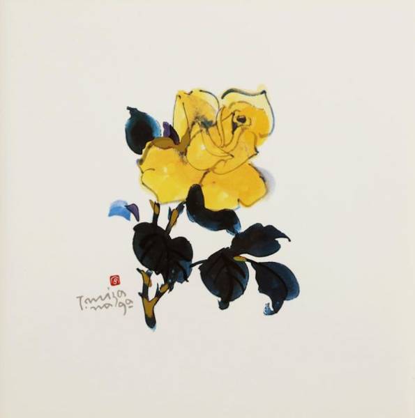 610751ap4 二紀会理事長 宮永岳彦 陶板画「賓」 証明シール 黄花