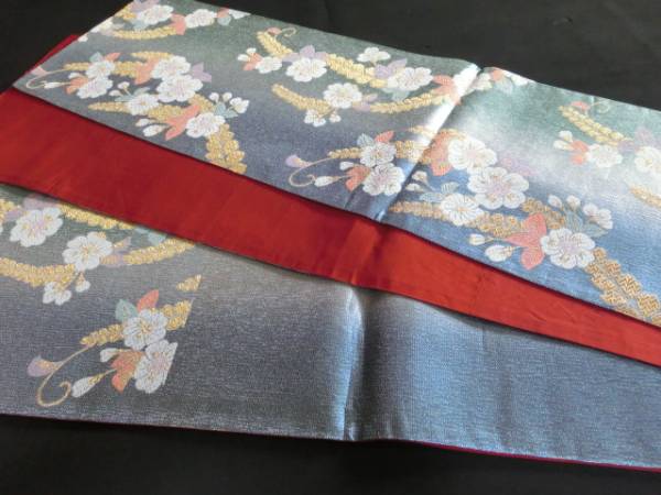 116 美品 正絹 振袖用袋帯 水色漆箔暈し地 桜藤刺繍織文様