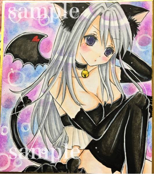 オリジナル手描きイラスト＊猫耳×女の子×小悪魔＊ミニ色紙(手描き