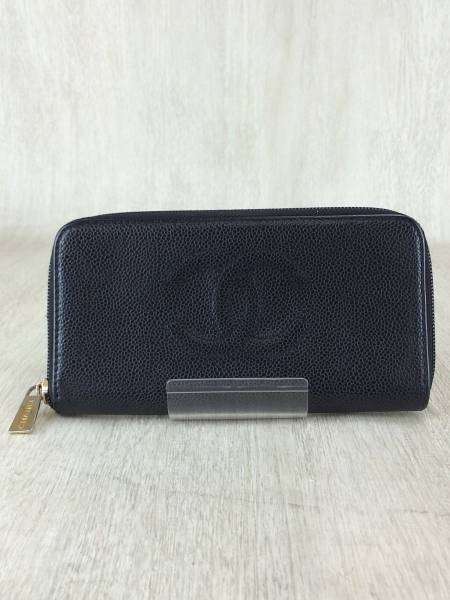 CHANEL◆長サイフ・無地(レザー)/BLK/レザー/無地