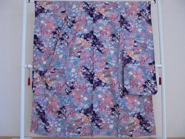 5昭和レトロ◆十三参・扇面に桜菊花椿きりばめ・可愛い振袖着物