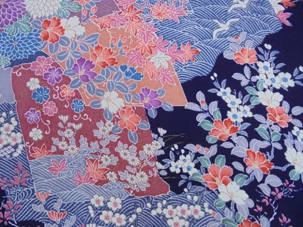 5昭和レトロ◆十三参・扇面に桜菊花椿きりばめ・可愛い振袖着物