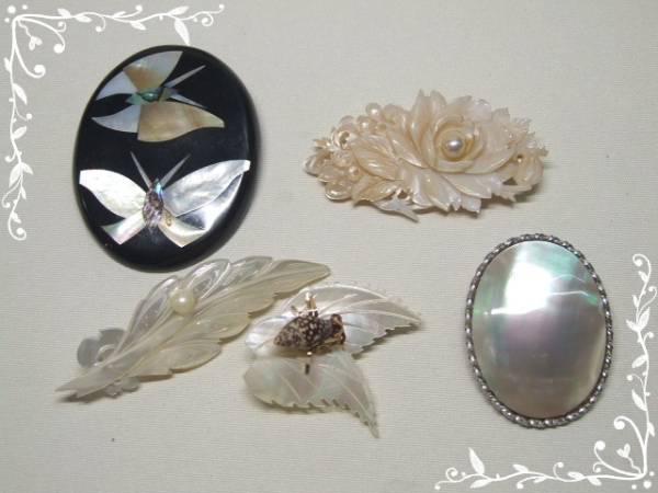 真珠 翡翠 貝 シルバー ブローチ ペンダント 花びら ◇貝細工 薔薇彫 真珠付き 他 ブローチ 5点◇ハM5297 アクセサリー