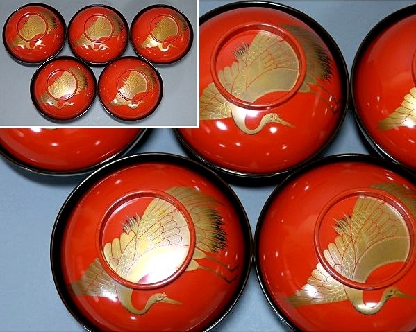 ☆輪島塗 鶴蒔絵煮物椀五客 天然木漆塗 正月 工芸品 漆芸 【公式通販】