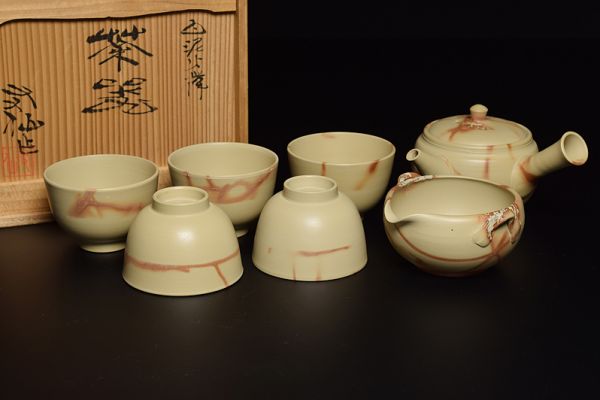 【友仙造白泥火襷茶器揃（急須・湯冷・茶碗）/共箱】 常滑焼