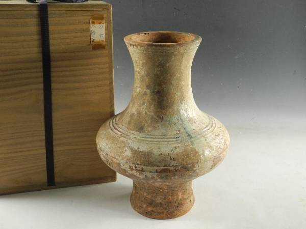 ◇伯◇時代 中国 古緑釉 花入 古陶器 桐箱 a1473 中国古美術（漢-宋