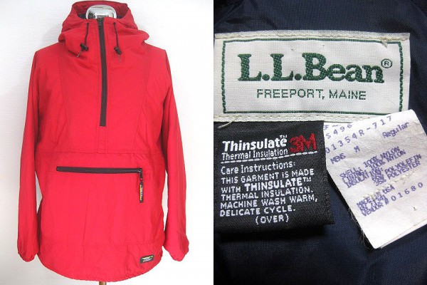 90's USA製 L.L.Bean チロリアン ナイロン アノラック パーカー M美品LLBean赤シンサレート中綿アノラックパーカUSAプルオーバー