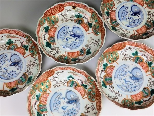 ☆華心☆ HHk-A566 古伊万里 色絵 金唐草に松竹梅図 膾皿 5客 古