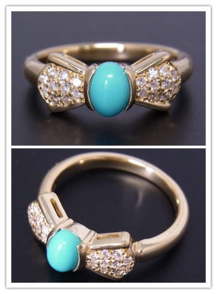 『美品』天然トルコ石 純正ダイヤ0.15 K18YG リング 11号