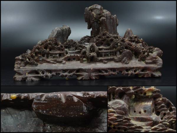置物 寿山石 中国美術 山水 彫刻 精密楼閣山水彫刻 楼閣 約11キロ 唐物