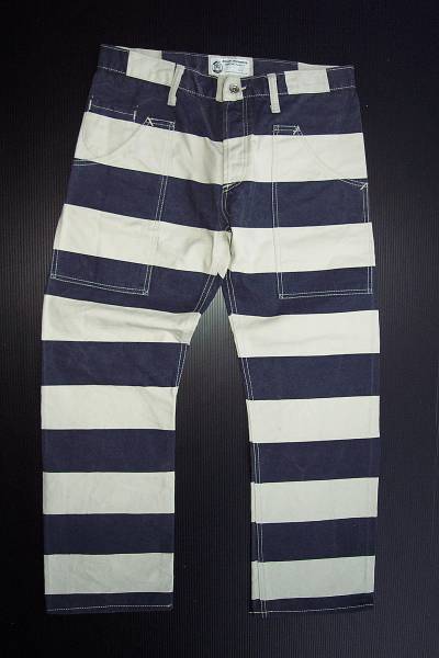 美品 正規品ROAD RUNNER　囚人パンツ　Ｌサイズプリズナーパンツ紺×白