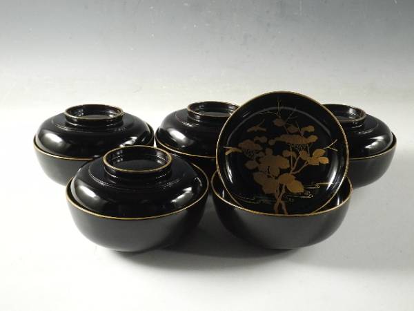 茶道具 五客 BK421 時代輪島塗 懐石 菓子 木製 吸物椀 草花図金蒔絵