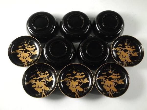 茶道具 五客 BK421 時代輪島塗 懐石 菓子 木製 吸物椀 草花図金蒔絵