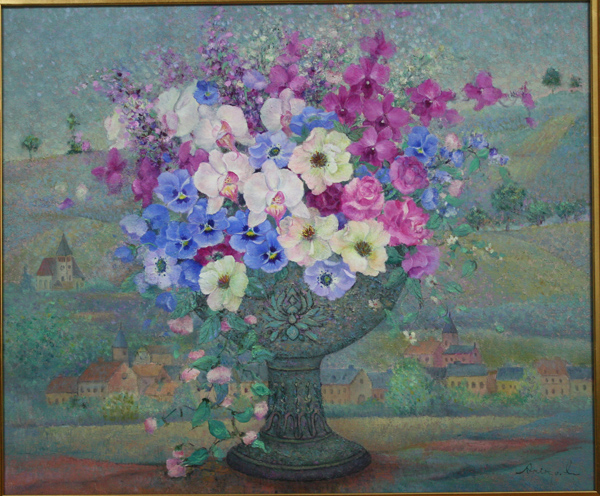 値下げ◇磯部晶子 「花とライン河畔」 F20 ル・サロン会員 油彩(静物画