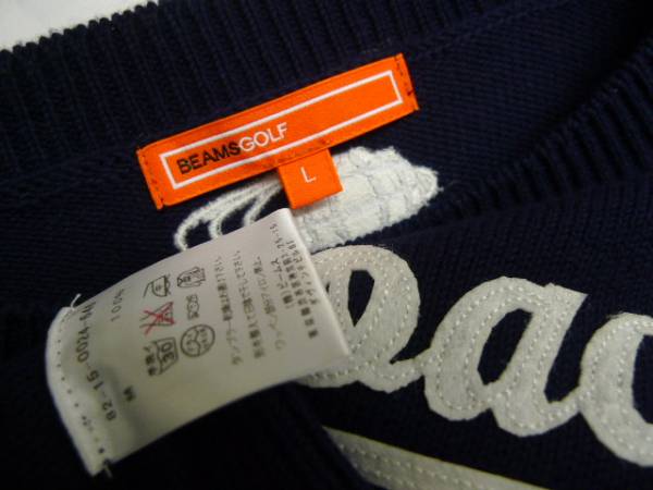 BEAMS GOLF ビームスゴルフ アプローチ ワッペン コットンニットセーター L NAVY 美品 BEAMS GOLF（ビームス ゴルフ）ワッペンロゴ ボア カートバッグ